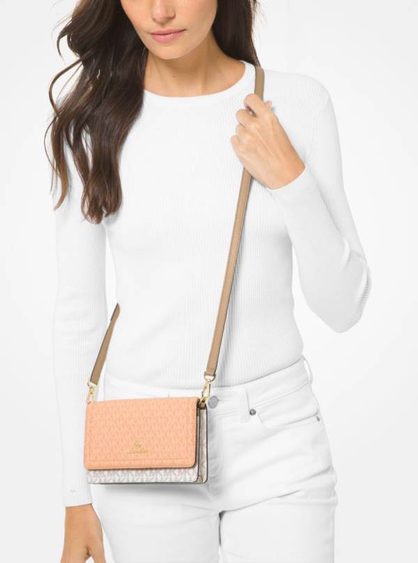 Damske Spojková Taška Michael Kors Jet Set Small Two-Tone Logo Smartphone Béžové Biele - Kabelky Michael Kors Nejlevnejsi | ZPQUI-3082